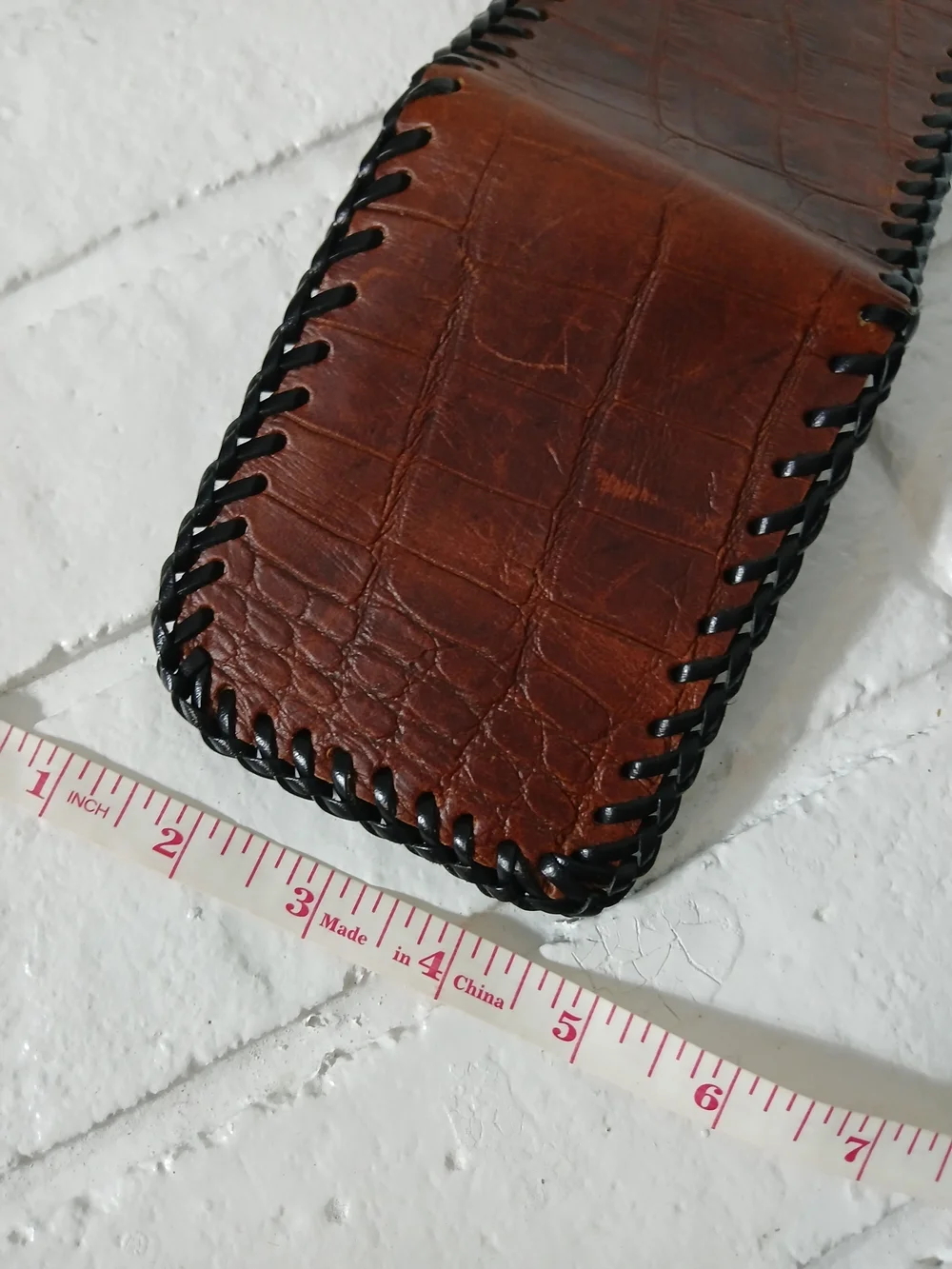 Brown‎ Croc-Embossed Leather Bifold Wallet with Black Whipstitch Trim